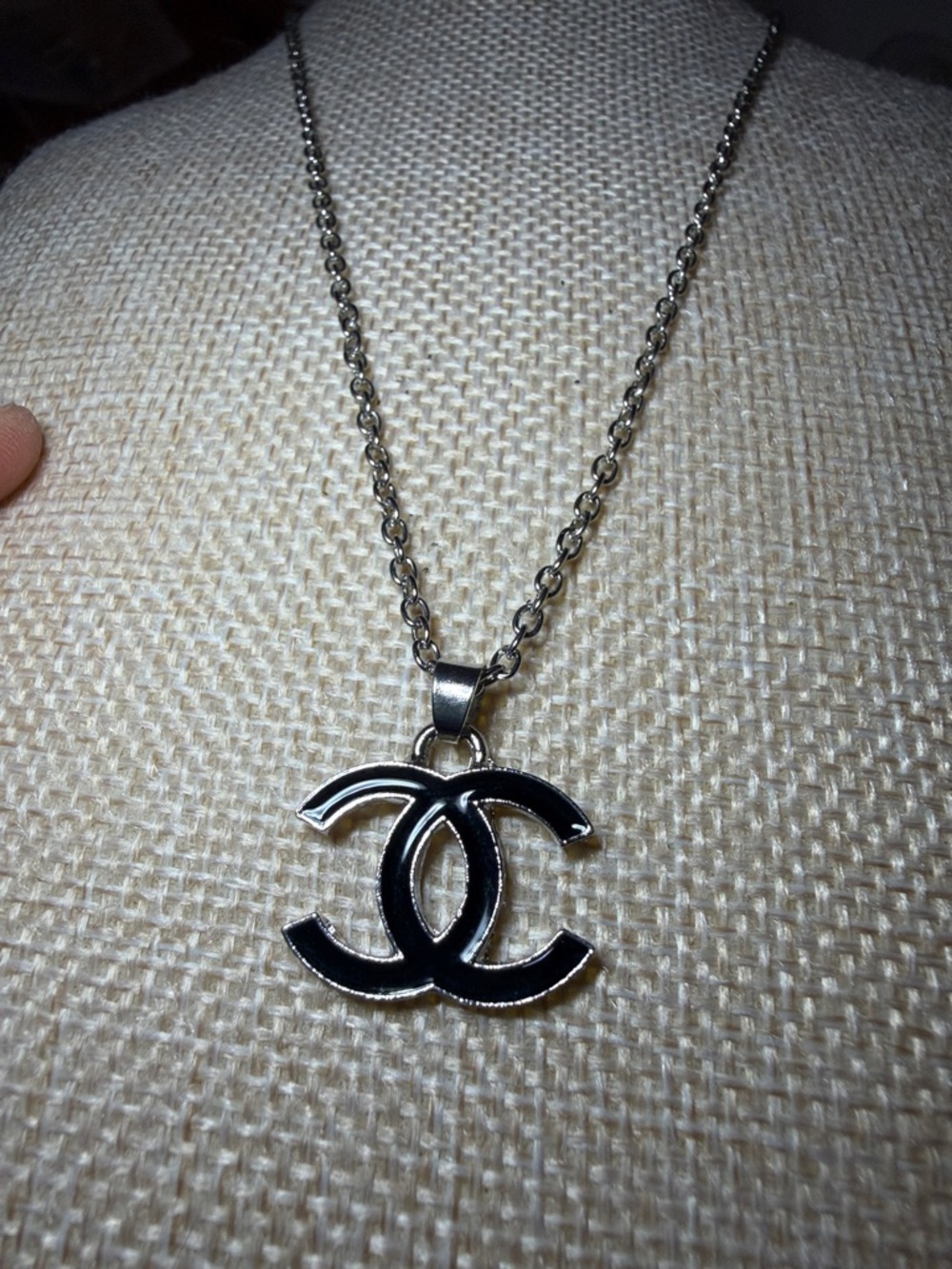 Black and Silver Interlocking CC Pendant Necklace
